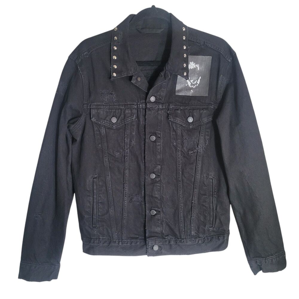 Keiser Clark Studded Distressed Denim Jacket Mens Size Medium Black Goth Graphic